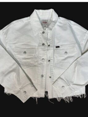 Wrangler White Cropped Stretch Denim Jean Jacket Frayed Hem NEVER WORN